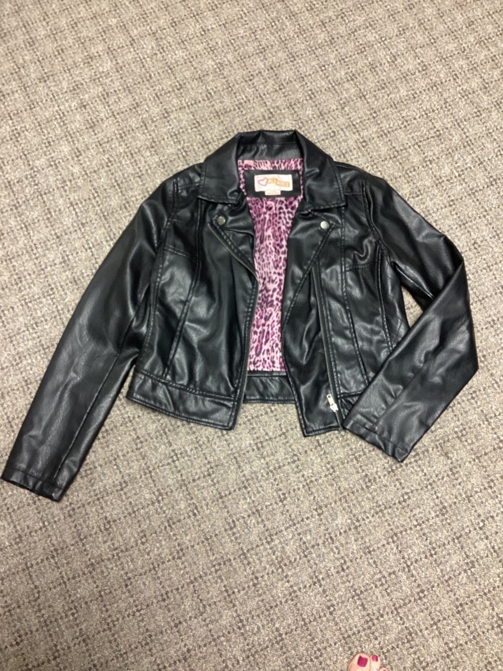 Ali & Kris Faux Leather Moto Jacket with Pink Leopard Lining  Size Girls 14/16